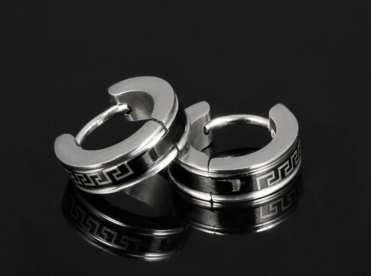 Stainless Steel Black Maze Hoop Earrings