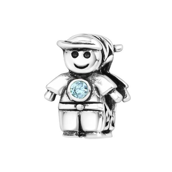 Silver Boy Doll CZ Aqua Charm Bead