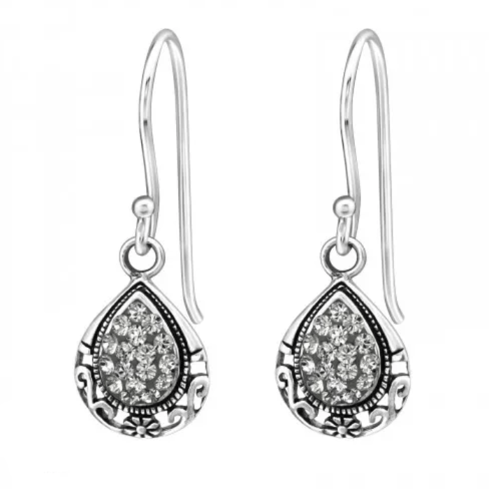 Silver Black Diamond Crystal Pear Earrings