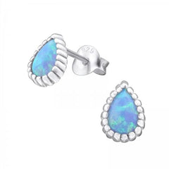Silver Blue Opal Pear Stud Earrings