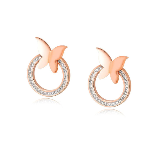 Stainless Steel Circle Crystal Rose Gold Plated Stud Earrings