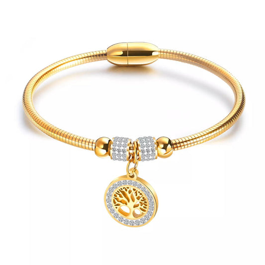 Stainless Steel Womens Gold Tree of Life Bead Bracelet