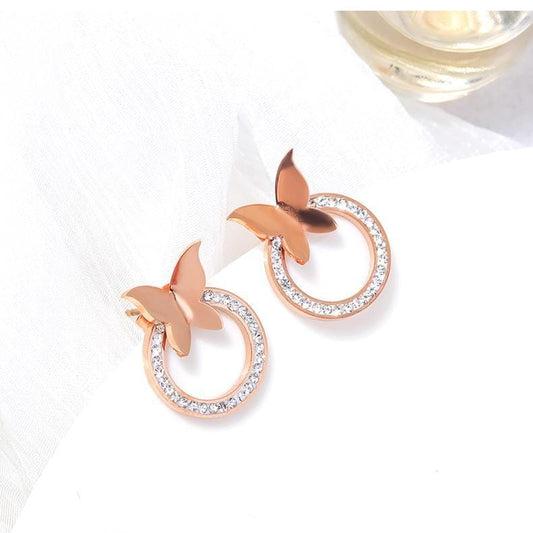 Stainless Steel Circle Crystal Rose Gold Plated Stud Earrings