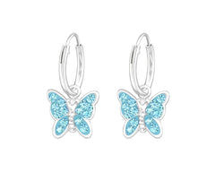 Children's Silver Crystal Butterfly Hanging Hoops