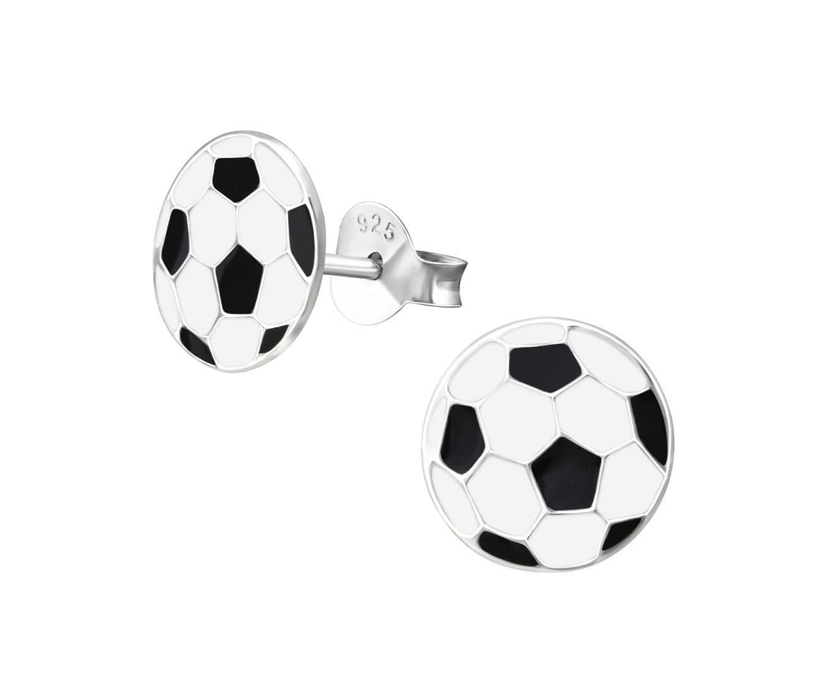 Children’s 925 sterling silver football stud earrings with a black and white soccer ball design, 9 mm size and butterfly backs, available in Australia.