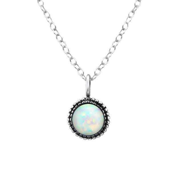 Silver Round Fire Snow Opal Necklace 