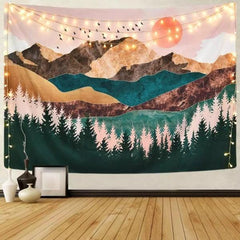 Psychedelic Forest Sun And Mountain Tapestry