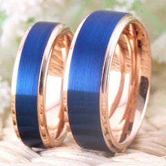 Tungsten Blue and Rose Gold Couple Wedding Engagement Ring