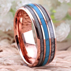 Tungsten Rose Gold Antler Turquoise Wedding Ring