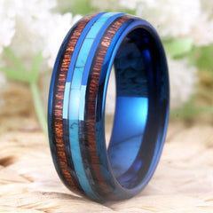 Tungsten Electric Blue Ring with Wood Inlay