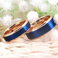 Tungsten Blue and Rose Gold Couple Wedding Engagement Ring