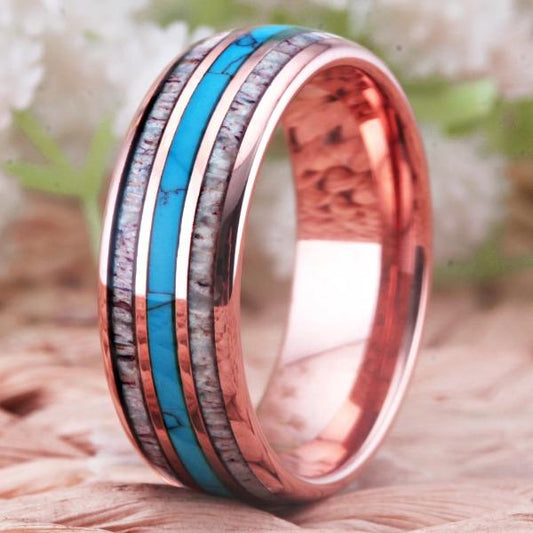 Tungsten Rose Gold Turquoise Wedding Ring