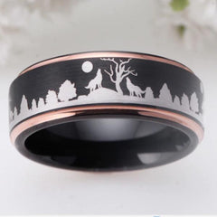 Tungsten Black Rose Gold Forest Wolves Ring