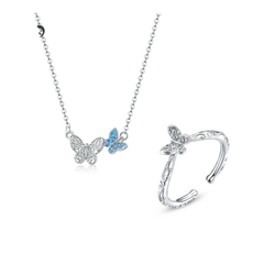 Silver Butterfly Pendant Necklace Set