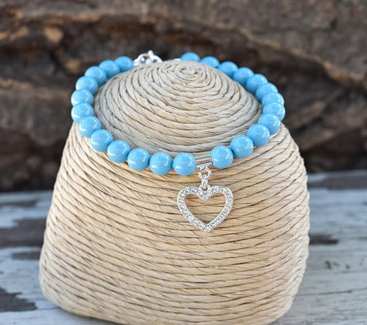 Silver Turquoise Pearl Heart Bracelet Swarovski Crystal