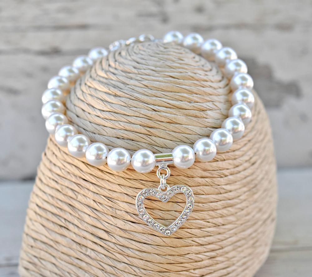 Swarovski Crystal White Pearl Heart Silver Bracelet