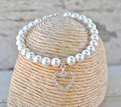 Swarovski Crystal White Pearl Heart Silver Bracelet
