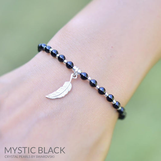 Swarovski Crystal Mystic Black Pearl Feather Silver Bracelet