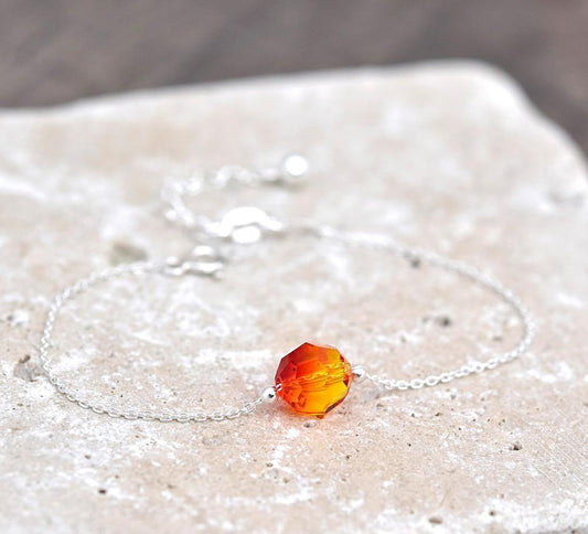 Silver Fire Opal Round Bead 8mm Swarovski Crystal Bracelet