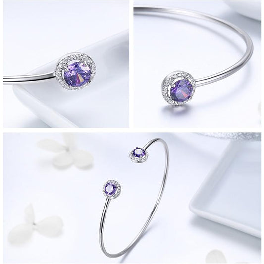 Sterling Silver Round  Purple Cubic Zirconia  Bangle Bracelet