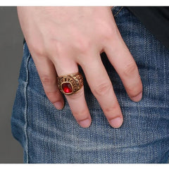 Mens Gold And Red Gemstone US Navy Style Ring