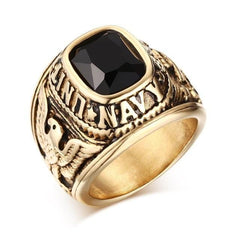 Mens Gold And Black Gemstone US Navy Style Ring