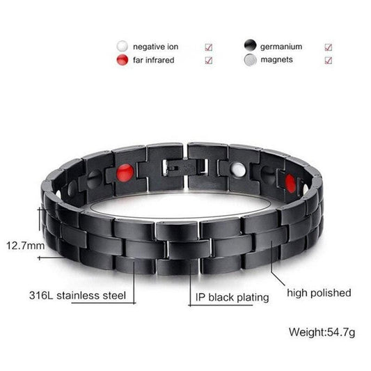 Pure Black Stainless Steel Mens Ionised Magnetic Link Bracelet