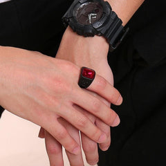 Mens  Black Ring with Red Stone