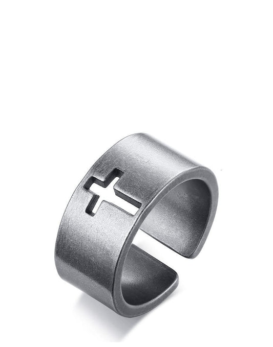 Mens Stainless Steel Cut-Out Cross Ring