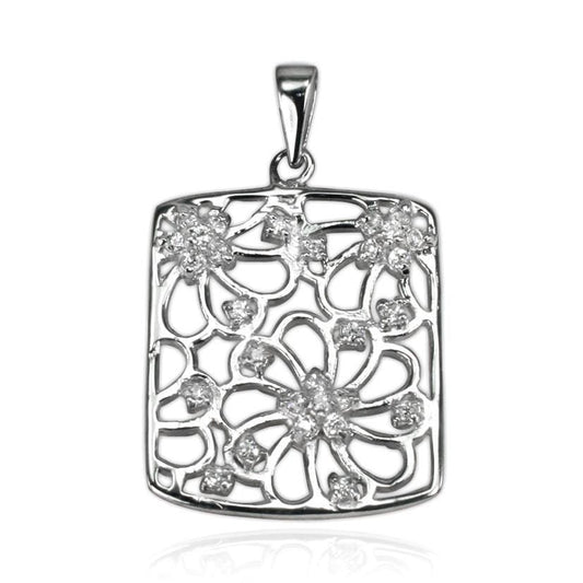 Silver FLOWER RECTANGLE  Pendant Necklace
