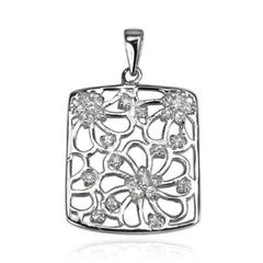 Silver FLOWER RECTANGLE  Pendant Necklace