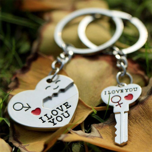 SILVER COUPLES' 'I LOVE YOU' - Lock heart & Key KEYCHAIN SET