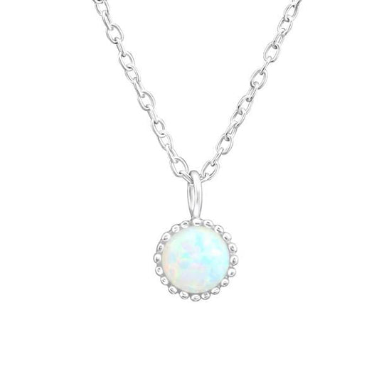 Silver Round Fire Snow Opal Necklace