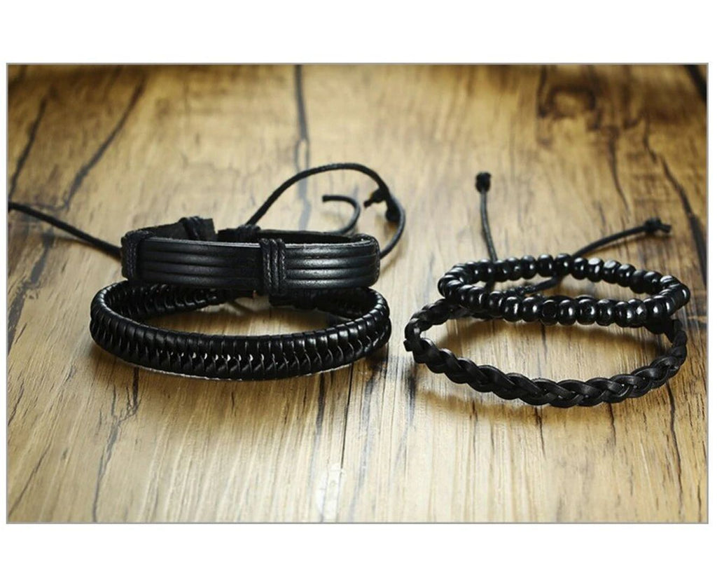 4 Piece Set Handmade Black Adjustable Mens Bracelet Set- delte