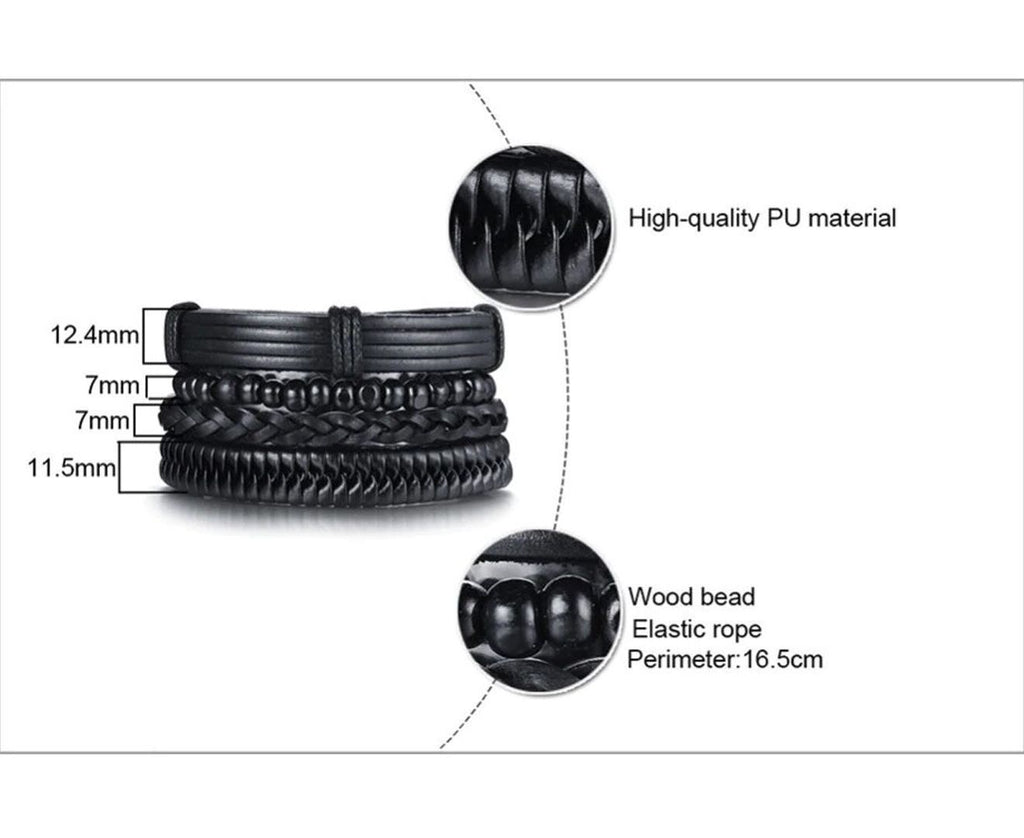 4 Piece Set Handmade Black Adjustable Mens Bracelet Set- delte