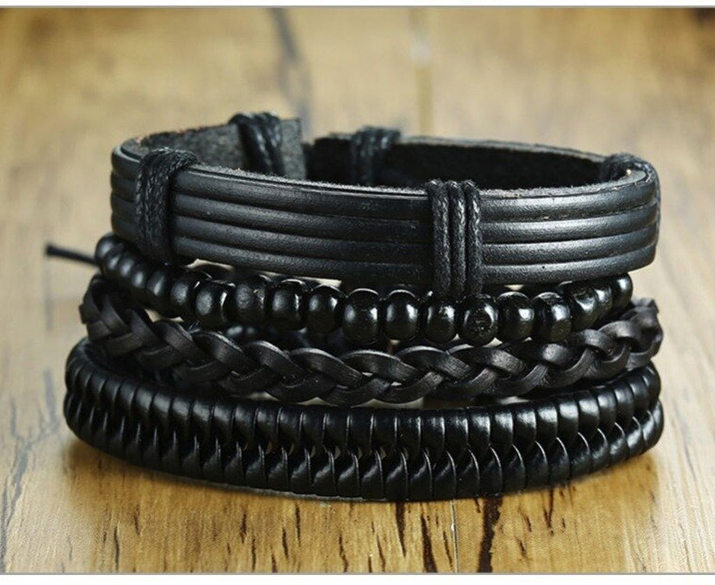 4 Piece Set Handmade Black Adjustable Mens Bracelet Set