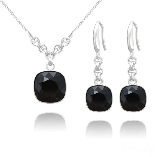 Cushion Cut  Jet Black Silver Jewellery Set