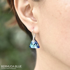 Bermuda Blue Leverback Triangle Silver Earrings with Swarovski Crystal