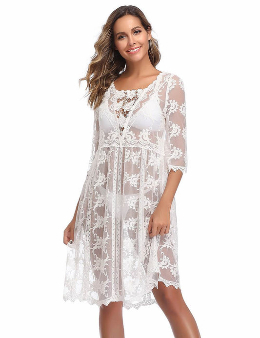 Ladies White Sheer Lace Beach Dress