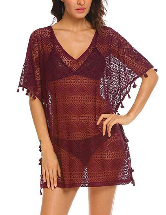 Ladies Burgundy Crochet Beach Dress