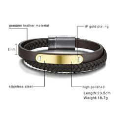 Leather Stainless Steel Gold Engravable Bracelets