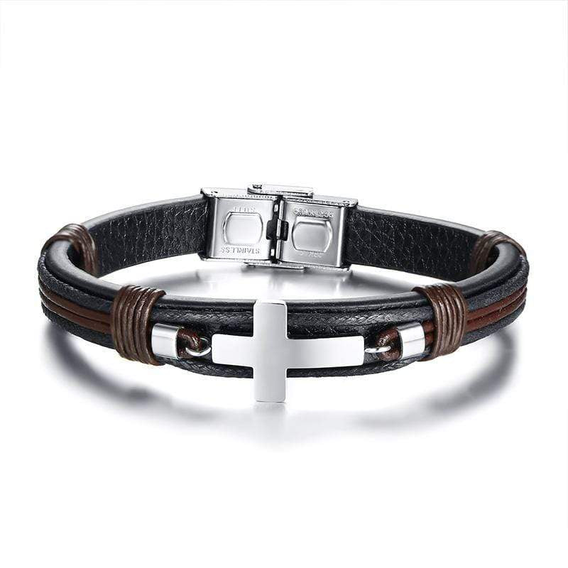 Mens Leather Cross Bracelet