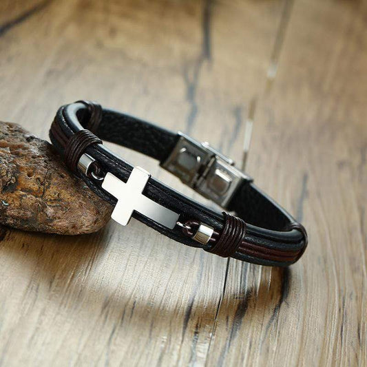 Mens Leather Cross Bracelet