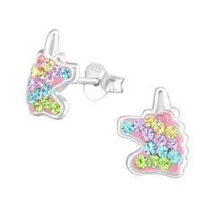 Kids Silver Crystal Unicorn Stud Earrings