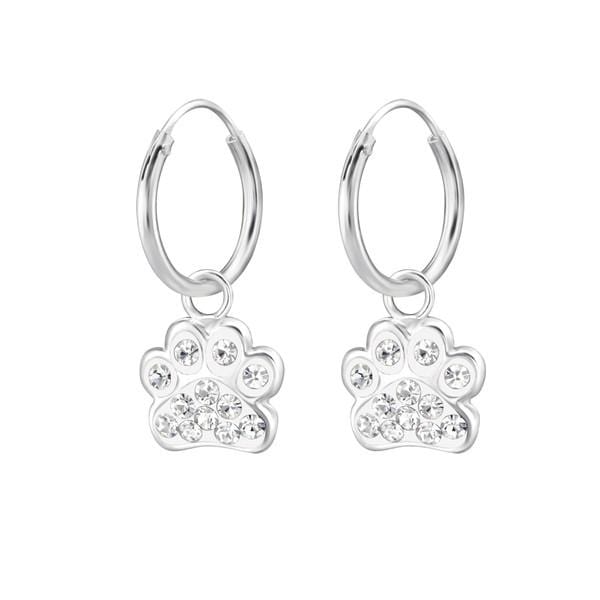Children's Silver Crystal Hanging Paw  Hoop Earrings