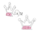 Kid's Sterling Silver Crown Light Rose Ear Studs Made With Swarovski Crystals