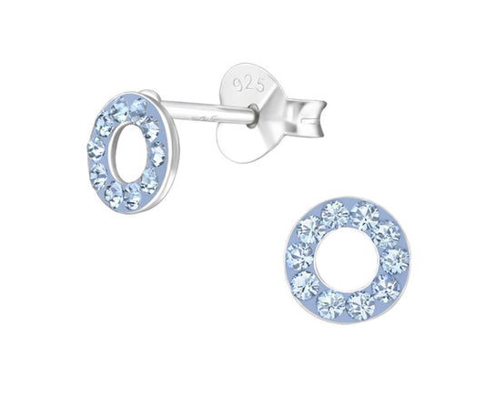 Kid's Silver Light Sapphire Circle Ear Studs Made With Swarovski Crystals