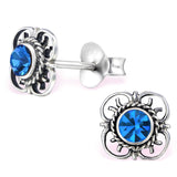 Sterling Silver Flower Capri Blue Stud earrings Made With Swarovski Crystal