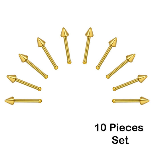 10 X Cone Gold Plated Steel Nose Studs with Ball End 10 MM