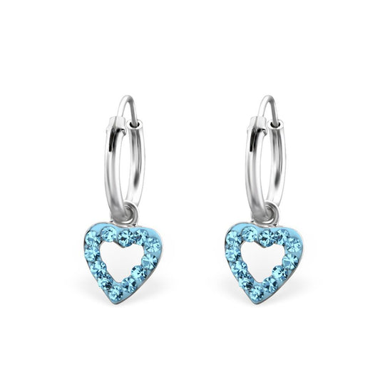 Hanging Silver Heart Hoop Aqua Earrings